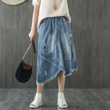 Летняя юбка женская модная необычная джинсовая юбка Mori girl эластичная талия вышивка рваные отбеленные повседневные женские новая юбка