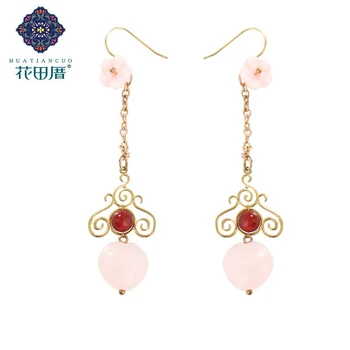 

Bohemian Cute/Romantic Pink Shell Flower Heart Pendant Tassel Dangle Earrings Heart Long Golden Drop Earrings For Women EZ-18096