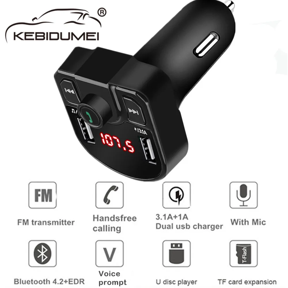 lecteur MP3 Bluetooth double port USB 5 V/3,1 A chargeur de voiture rapide et 1 A support carte TF et disque U Transmetteur FM Bluetooth pour voiture. Transmetteur FM Bluetooth 