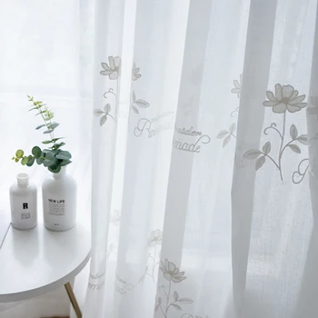 

White Floral Embroidered Curtains for Living Room Bedroom Kitchen English Words Window Treatment M051C