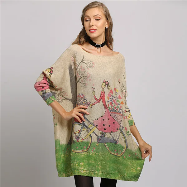 XIKOI женский свитер, большой размер, длинный рукав летучая мышь, Пуловеры с круглым вырезом, вязанная модная Свободная Женская повседневная одежда с цветочным принтом для девочек - Цвет: apricot