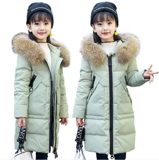 Детские куртки г. Детская зимняя одежда пальто для девочек Теплые Длинные пуховые пальто с меховым воротником и капюшоном для детей, верхняя одежда От 5 до 12 лет