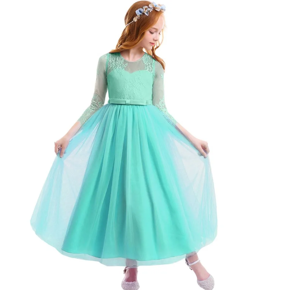 

Fashion New Kids Dresses for Girls Birthday Wedding Party Green Tulle Lace Long Dress Elegant Princess Long Sleeves Girls Dress