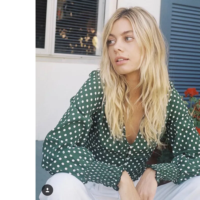 yinlinhe Green Polka Dot Women Blouse Long Sleeve V neck Sexy Crop Summer Tops Button Shirts Elegant Ruffles Clothing 3