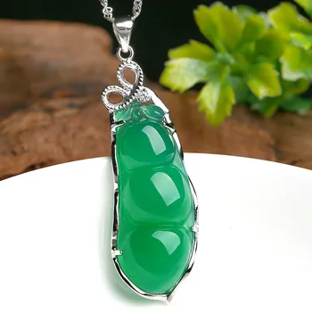 

S925 silver inlaid natural green jade pulp beans pendant fashion women necklace rich bean jade Pendant