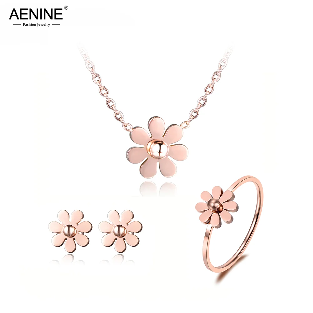 

AENINE Stainless Steel Dazzling Daisy Flower Choker Neckalce Earrings Rings Jewelry Sets Rose Gold Lovely For Women ASE003