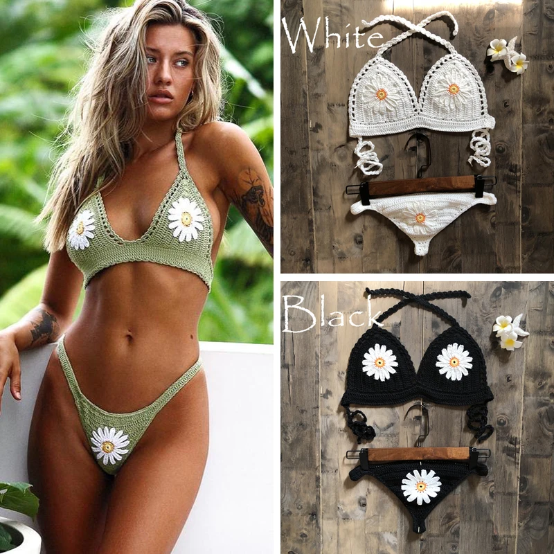 New Fashion Beach Bikini Set Knitting Swimsuit Crochet Bohemia Style Off Shoulder Bathing Handmade Sexy Bikini