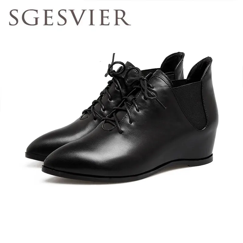 

SGESVIER 2017 New Autumn Fashion Ankle Boots Women Solid Boots Pointed Toe Height Increasing Boots Ladies Shoes Size 33-40 YT018