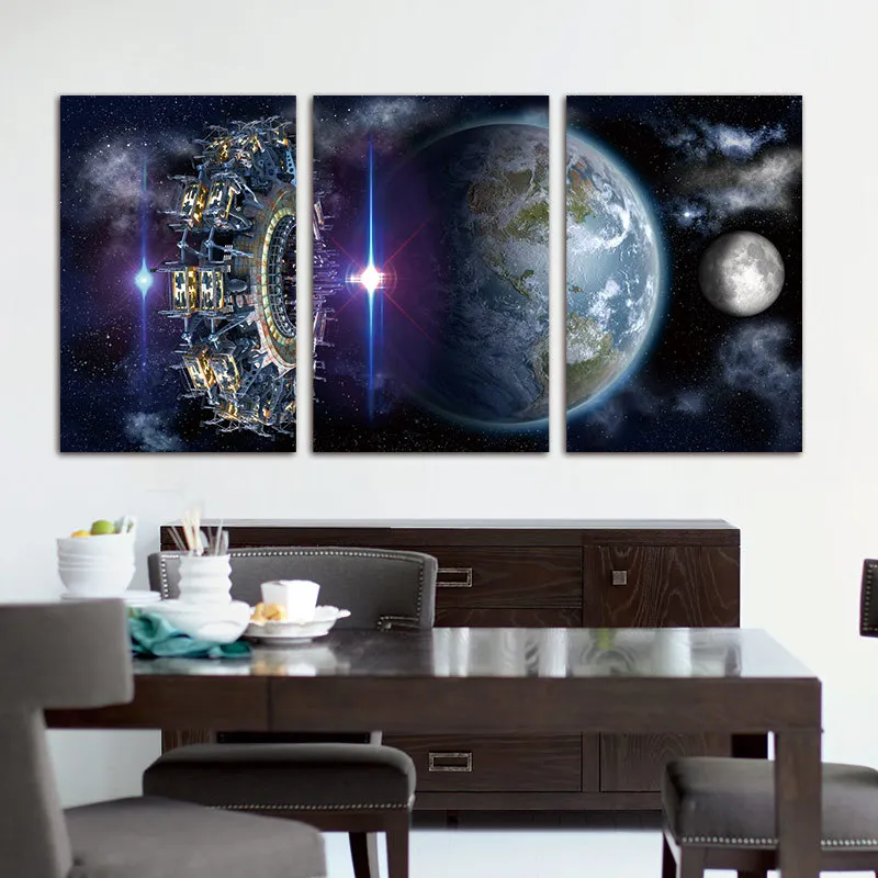 

Outer Space Earth Astronauts Galaxy Venus 3 Panels Sun Moon Landing Fantasy Kraft Paper Poster Home Decor Wall Poster Abstract