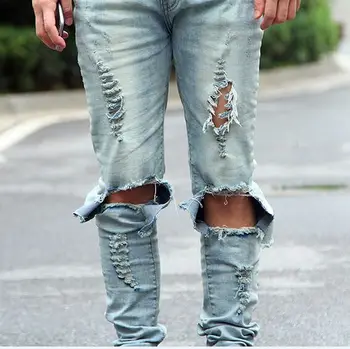 

hip hop slp blue/black designer rock destroyed light wash skinny distressed jeans men ripped mens clothing