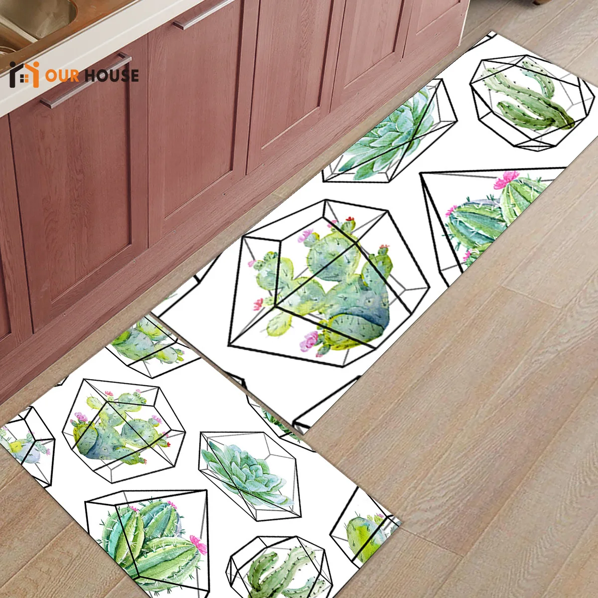 

Ourhouse Watercolor Cactus In Geometric Frame Doormats For Entrance Way Dirt Debris Mud Trapper Boot Shoes Scraper Accessory Set