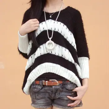 

2019 Korean Bat Sleeve Loose Women Sweaters Splice Hollow Irregular Hem Casual Crocheted Kintted Sweater Pullover Oversized