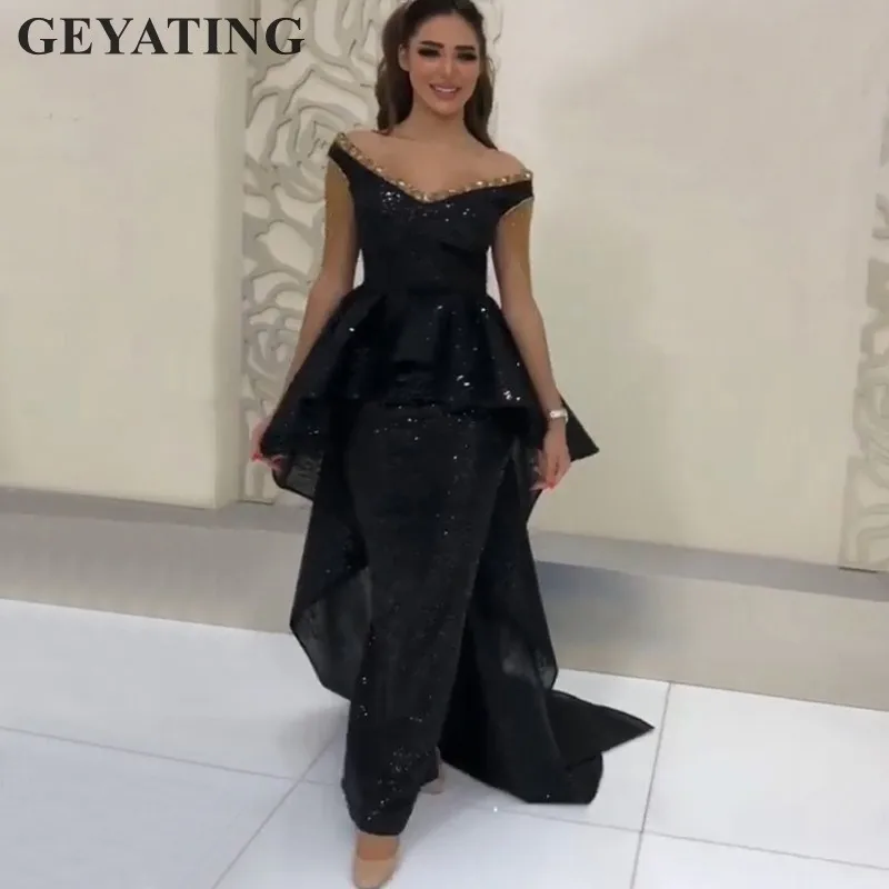

Glitter Sequin Black Off Shoulder Arabic Evening Dresses with Peplum Crystal Dubai Formal Party Gowns Women Long Prom Dress 2019