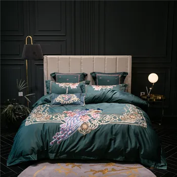 

Luxury Dark Green Red Pink Peacock Embroidery 100S Egyptian Cotton Chinese Bedding Set Duvet Cover Bed sheet/Linen Pillowcases