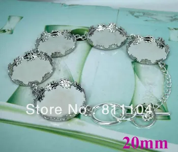 

20mm Silver Tone Plt Copper Round Crown Edge Bezel Tray Buckle Link Chain Bracelet Settings Blank Cameo CABs Making Wholesale