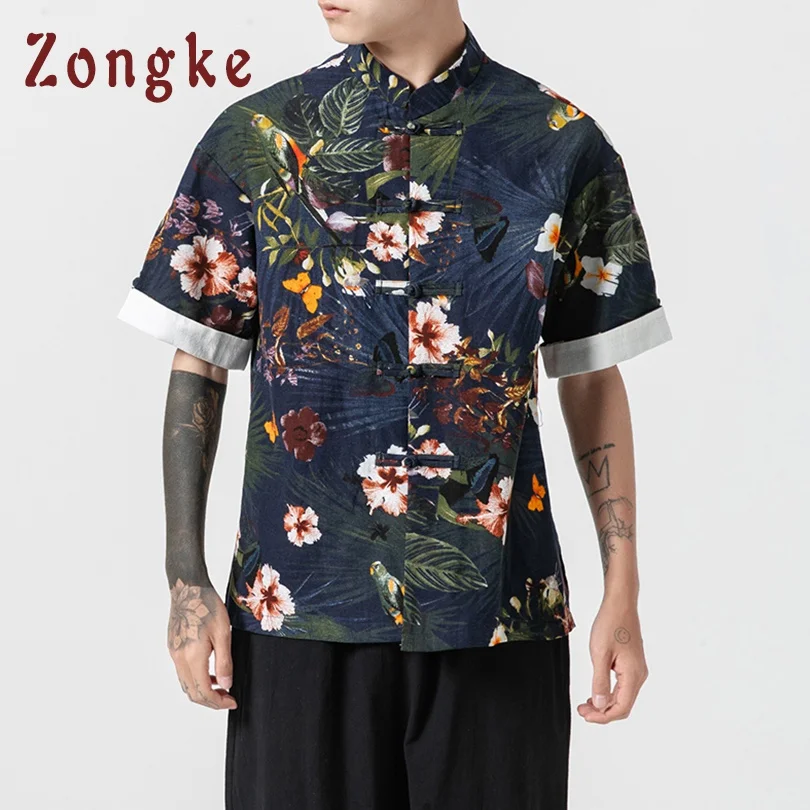 Zongke китайский национальный стиль Мужская рубашка с коротким рукавом черная винтажная рубашка мужское хлопковое белье с коротким рукавом рубашки мужские 5XL
