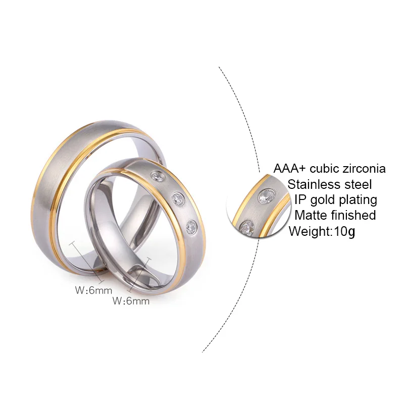 Matte Finished Silver&Gold Color Stainless Steel Couple Rings CZ Stones Wedding Rings for Women Men Anniversary Alliance Jewelry