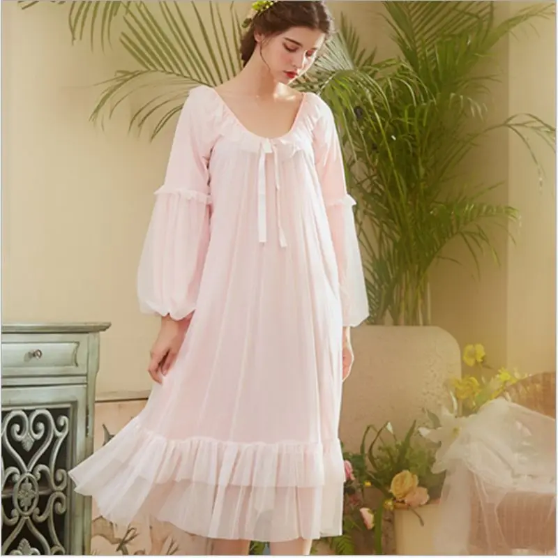 

2019 Summer Plus size Female Palace Lace nighty dress Ladies Soft Cotton Nightgown Women Long Sleeve Round collar sleepshirt