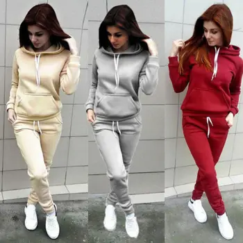 

New Women Ladies Solid Autumn Long Sleeve Hooded Tracksuit Set 2pcs Tops Pants Suit Sweatshirt Pajamas