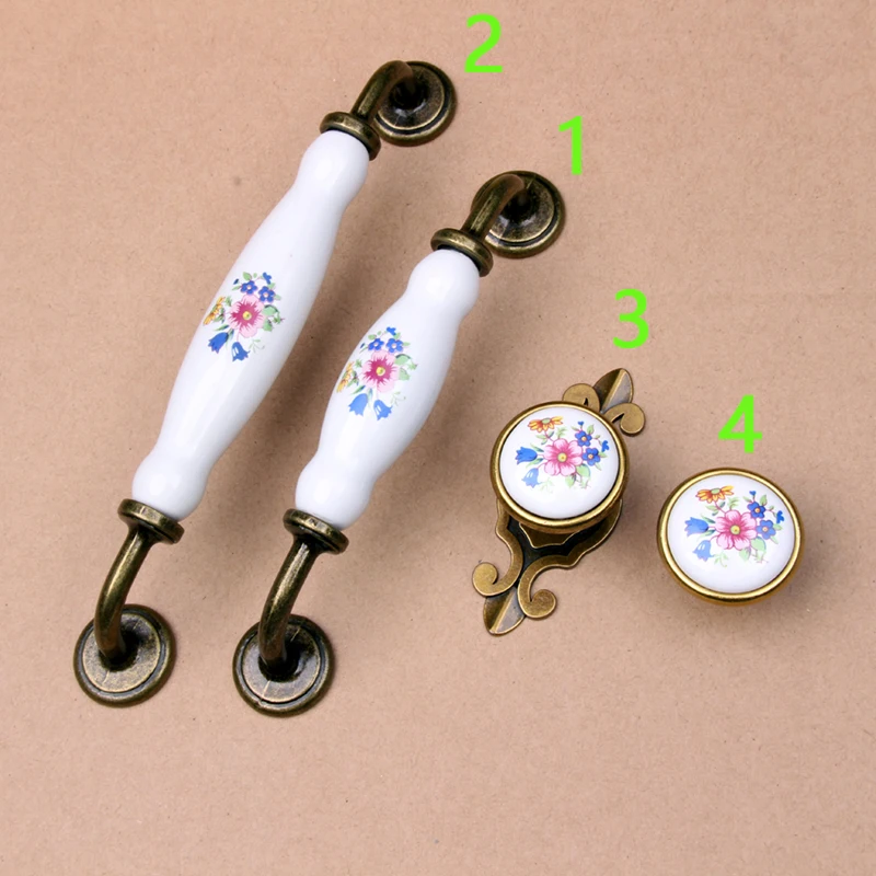 

10PCS Vintage Ceramic Metal Flower White Bronze Door Handles Kitchen Wardrobe Cabinet Cupboard Drawer Pull Home Knobs