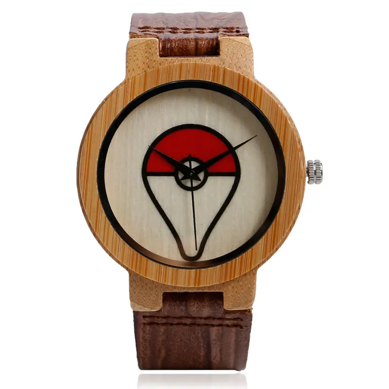 

Hot Game Pokemon Go Theme Wooden Wristwatch Pockemon Ball Design Watches Leather Band Cosplay Christmas Gift