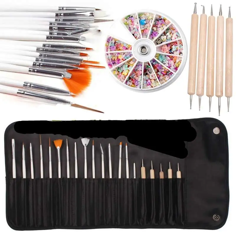 1 Set 5pcs Dotting Tools 15pcs Nail Art Brush with Bag 1 Pack Mix Shape Rhinestone