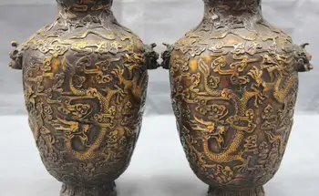 

9 Chinese Palace Bronze Copper Carved Statue Dragon Flask Pot Bottle Vase Pair