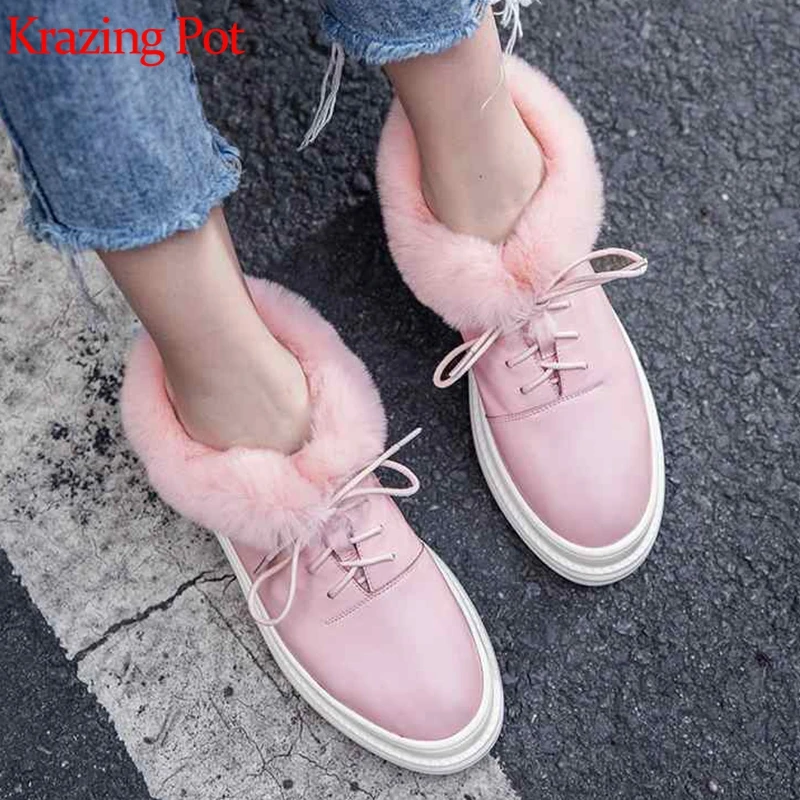 

Krazing Pot genuine leather brand shoes lace up rabbit fur princess style round toe sneaker flat platform vulcanized shoes L6f4
