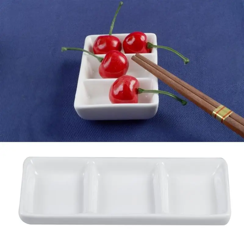 6 / 8.5 Inch Pure White Ceramic 3-Compartment Appetizer Serving Tray Rectangular Divided Sauce Dishes for Spice Dish Soy Sauce