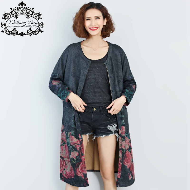 Plus Size Women Woolen Coat Floral Print Warm Winter