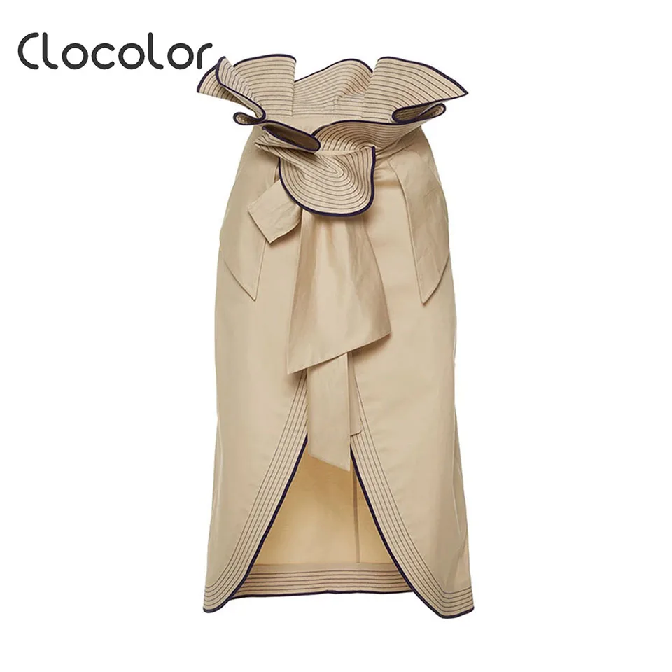 Clocolor Women Casual Skirts 2018 Summer Autumn Khaki Plain Elegant Straight Skirt Ruffles Ankle Length Patchwork Casual Skirt Skirts
