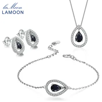 

LAMOON 100% Real 925 Sterling Silver Jewelry Sets Natural Sapphire Gemstone S925 Fine Jewelry For Women Wedding Gift V040-4