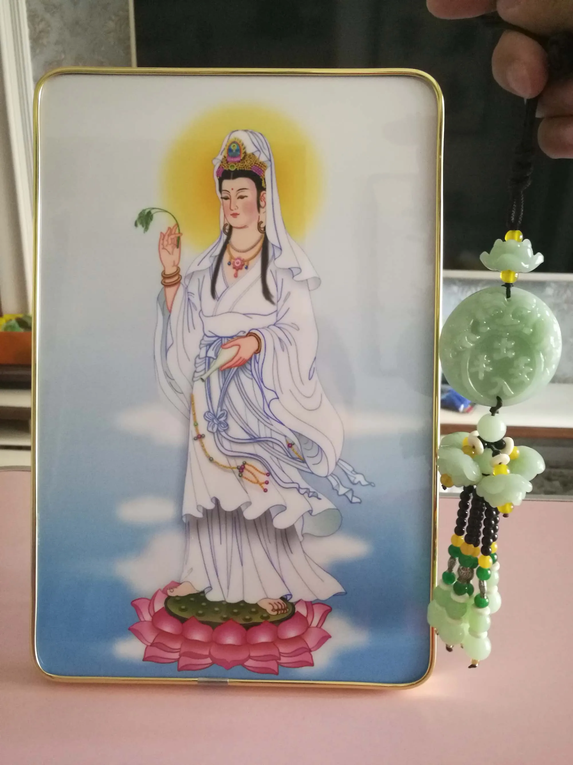 

HOME Altar WALL FAMILY efficacious bless talisman Lotus Guan yin Bodhisattva Buddha Ornament art statue + jade Amulet Pendant