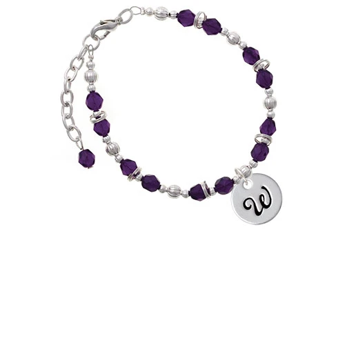 Silvertone Large Script Letter - W - 3/4'' Disc - Purple Beaded Bracelet