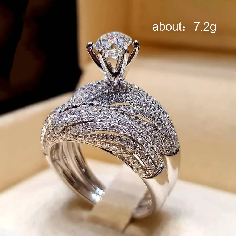 KMVEXO романтическое Кристальное белое круглое кольцо, набор роскошных серебряных обручальных колец, винтажные свадебные кольца для женщин и девочек