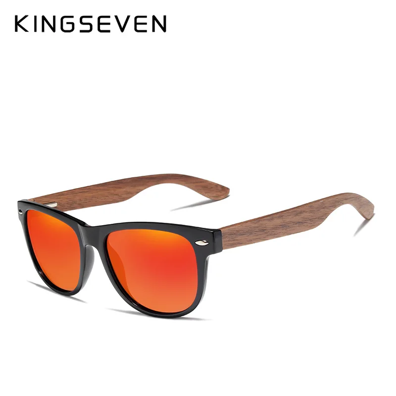 KINGSEVEN, черные солнцезащитные очки из орехового дерева, поляризационные солнцезащитные очки, мужские очки с защитой от ультрафиолета, с деревянной коробкой, Oculos de sol - Цвет линз: Red Walnut Wood
