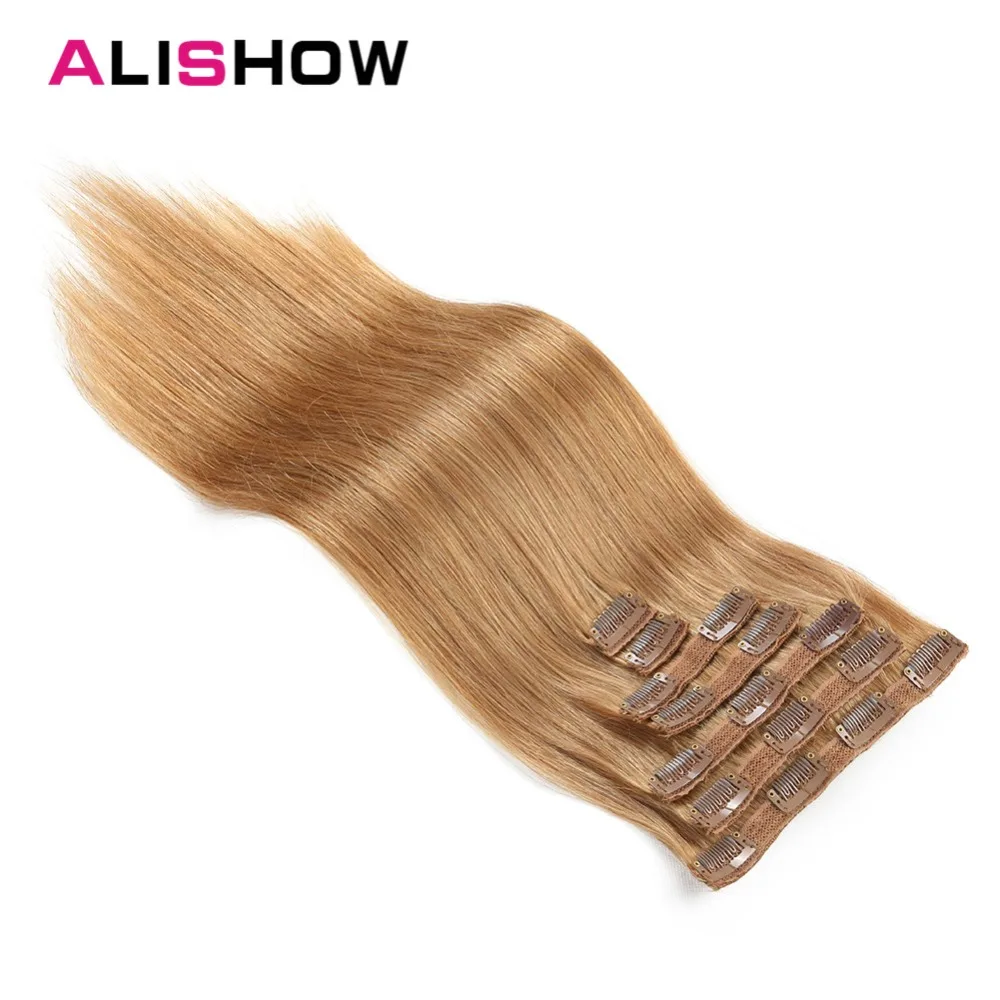 Alishow Human Hair Extensions 100G clip in Remy Hair straight Double Drawn 100% Real Human Hair Light Brown 7pcs