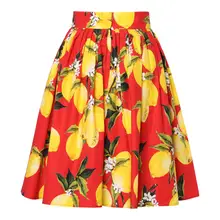Для женщин высокое с эластичной резинкой на талии, А-образного силуэта средней длины расклешенное плиссированное платье с коротким и широким подолом; юбка для девочек; лимонного цвета с цветочным принтом хлопковые юбки красного цвета