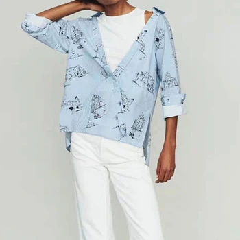 

2019 spring new city print striped shirt with open shoulder stitching irregular long sleeve blouse