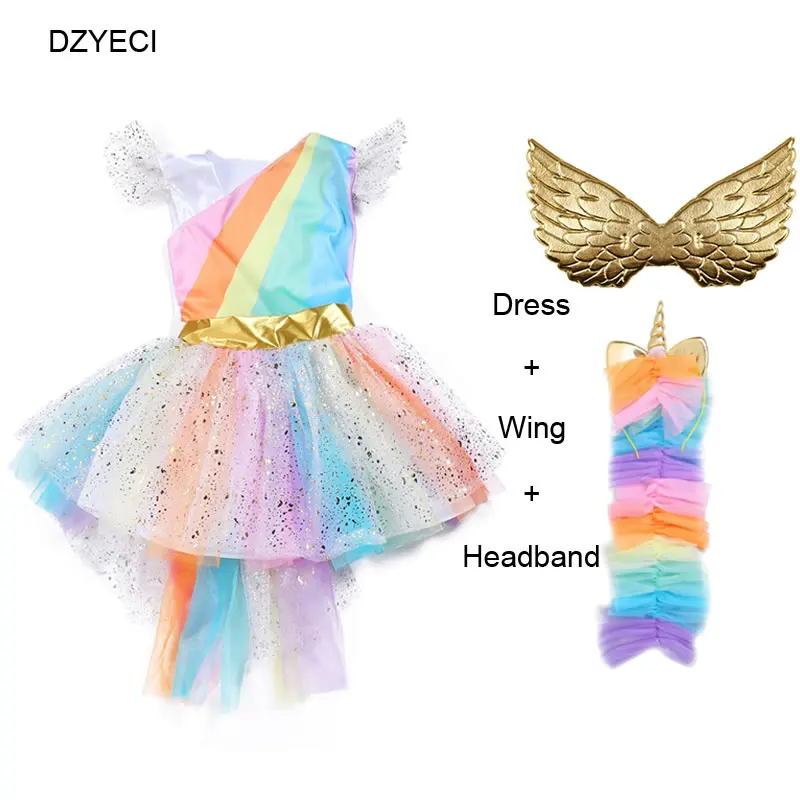 Festive Teen Girl Unicorn Rainbow Party Dress Fancy Bridesmaid Kid Porm Up Frock Costume Child Ceremony Disguise Lush Wing Curvy | Детская
