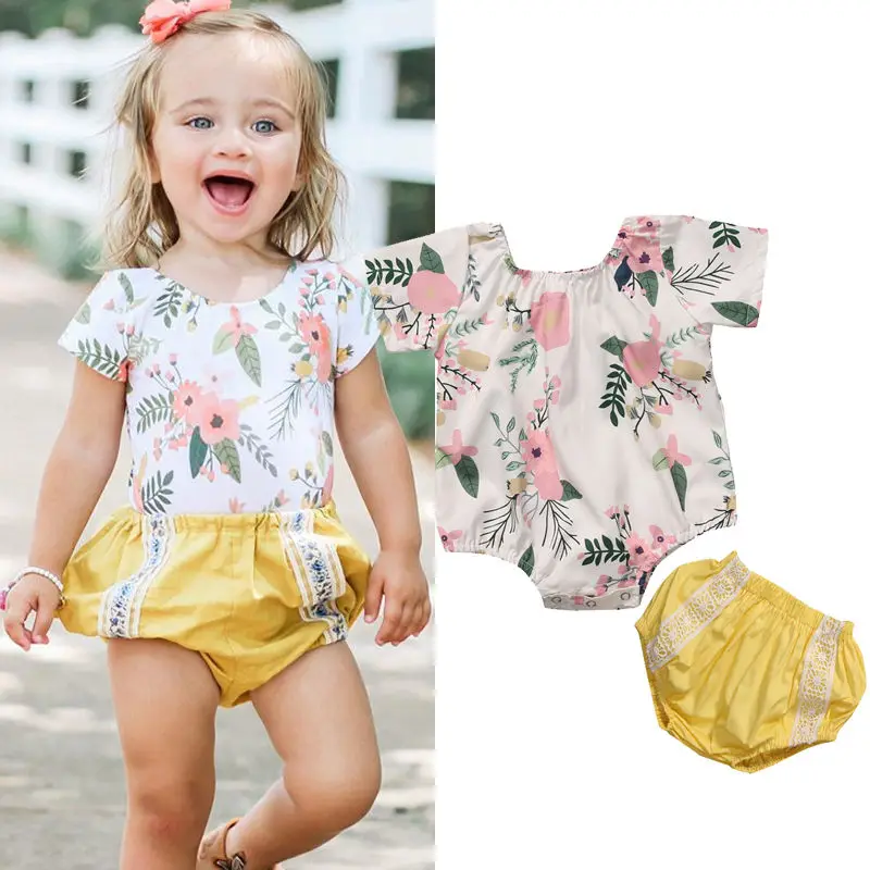Baby Girls Romper 2017 Summer Floral Infant Baby Girls Romper Short Sleeve O Neck Rompers Yellow