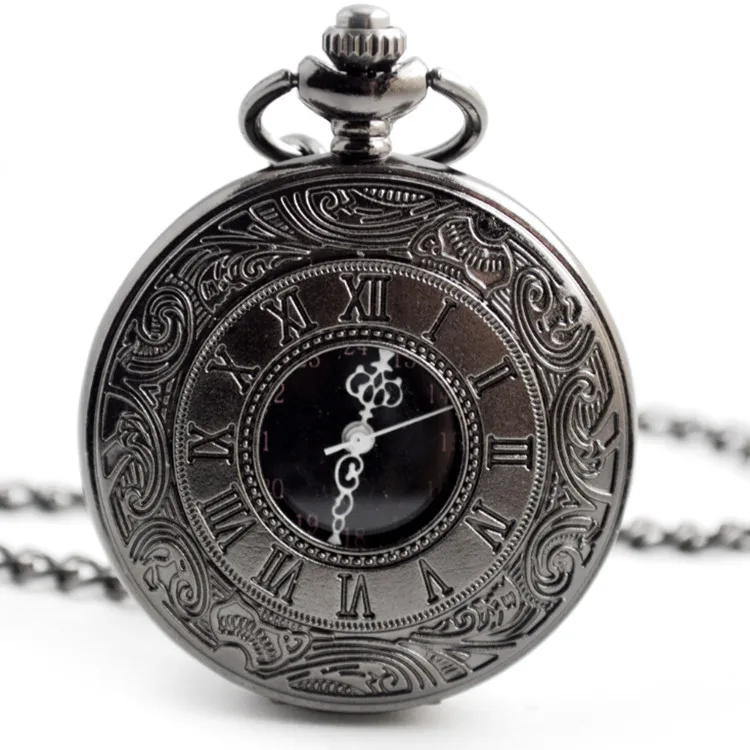 Винтажные очаровательные черные унисекс модные римские цифры кварцевые стимпанк карманные часы для женщин и мужчин ожерелье подвеска с цепочкой подарки - Цвет: Black
