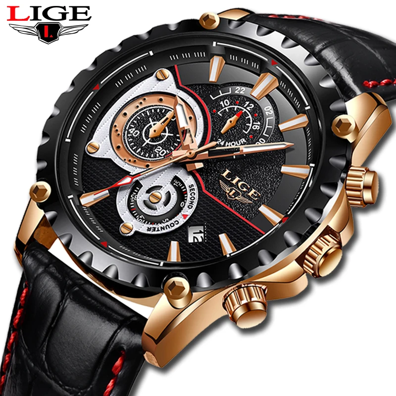 

LIGE Mens Watches Top Brand Luxury Fashion Quartz Watch Men's Casual Leather Military Waterproof Sport Watch Relogio Masculino