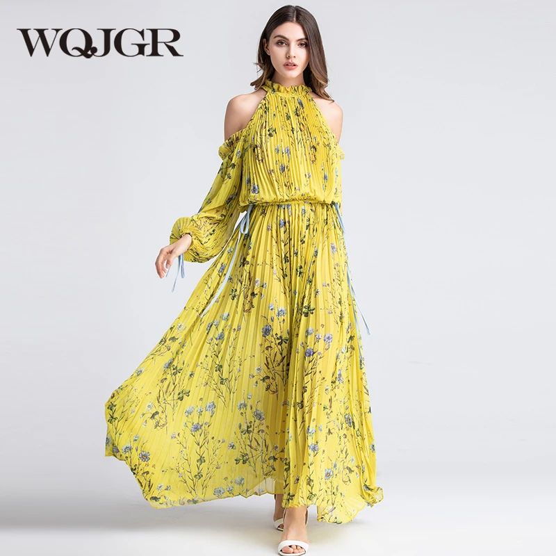 

WQJGR Summer Dress 2019 Long Sleeves Wrinkled Shoulder Hanging Neck Print Dresses Woman Party Night