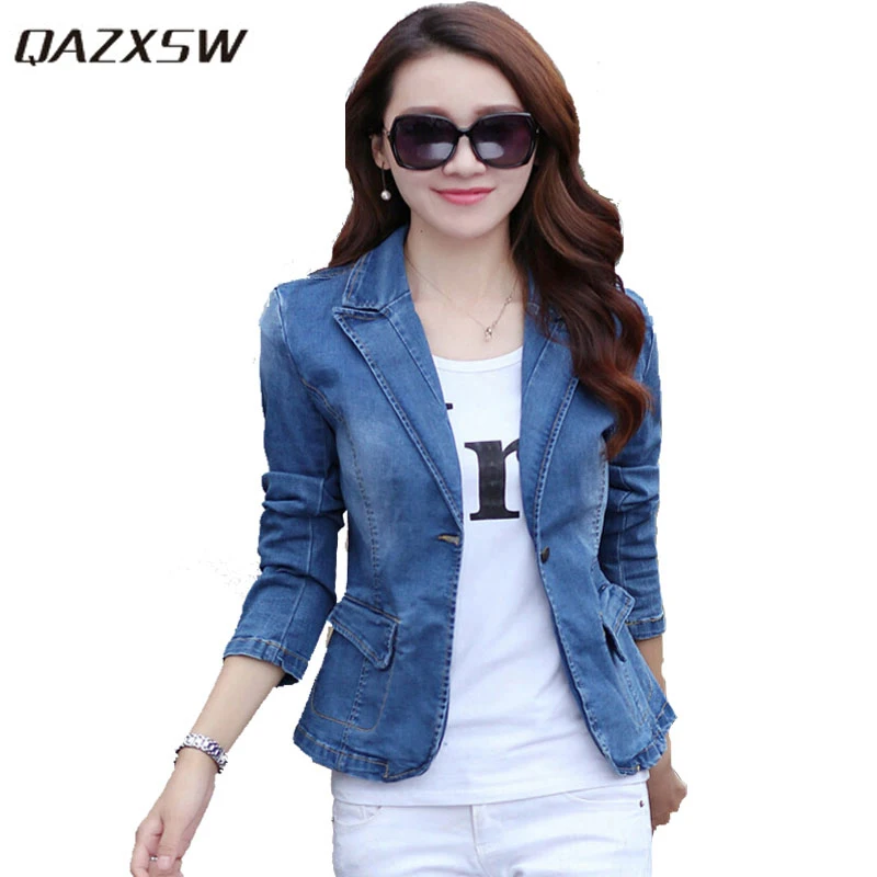 QAZXSW 2017 New Woman Jeans Blazers Slim Denim Jacket Full Sleeve Jeans