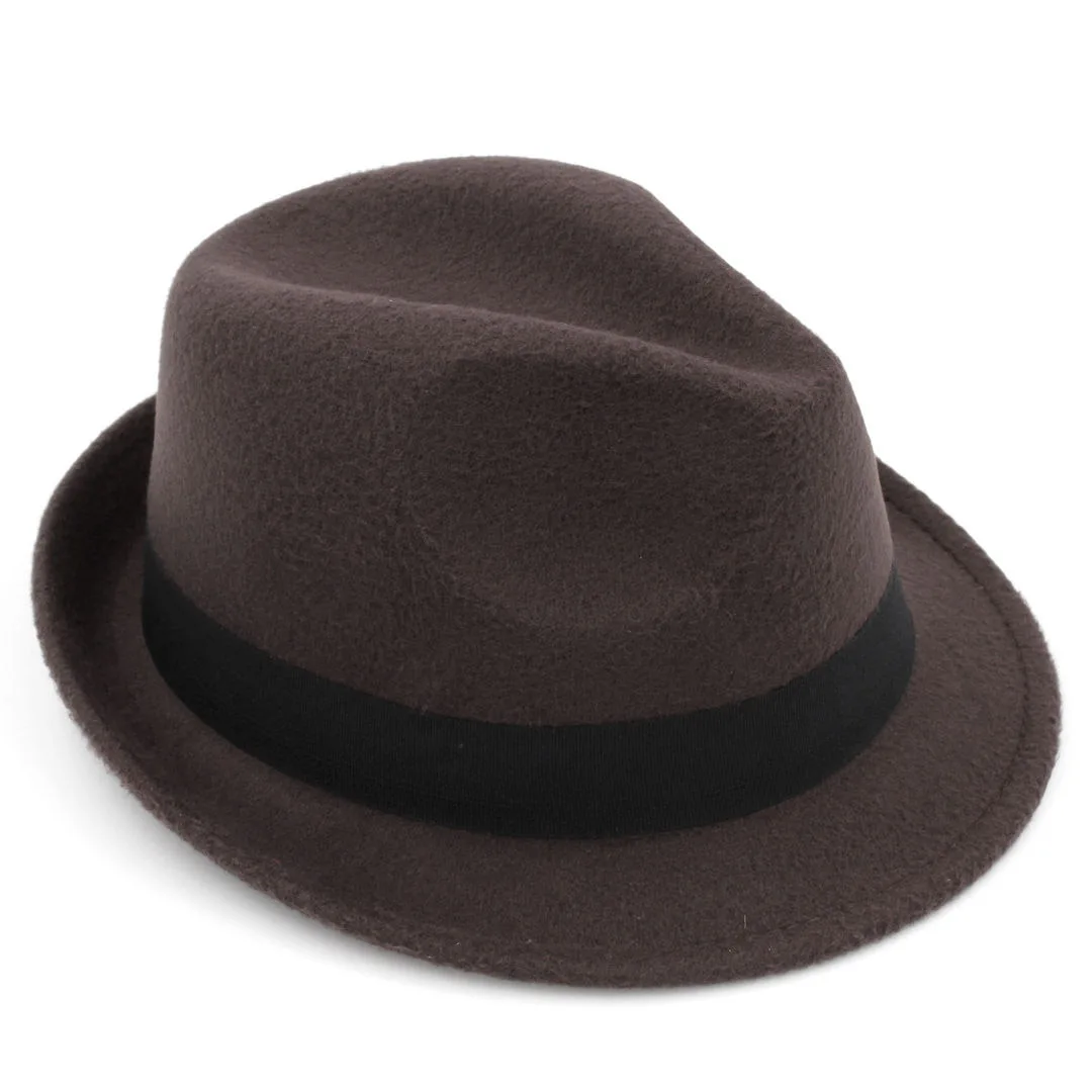 LUCKYLIANJ английский стиль Трилби для мужчин женщин шерсть Панама шапки осень зима сплошной цвет с широкими полями джентльмен Джаз Fedora шапки - Цвет: Коричневый