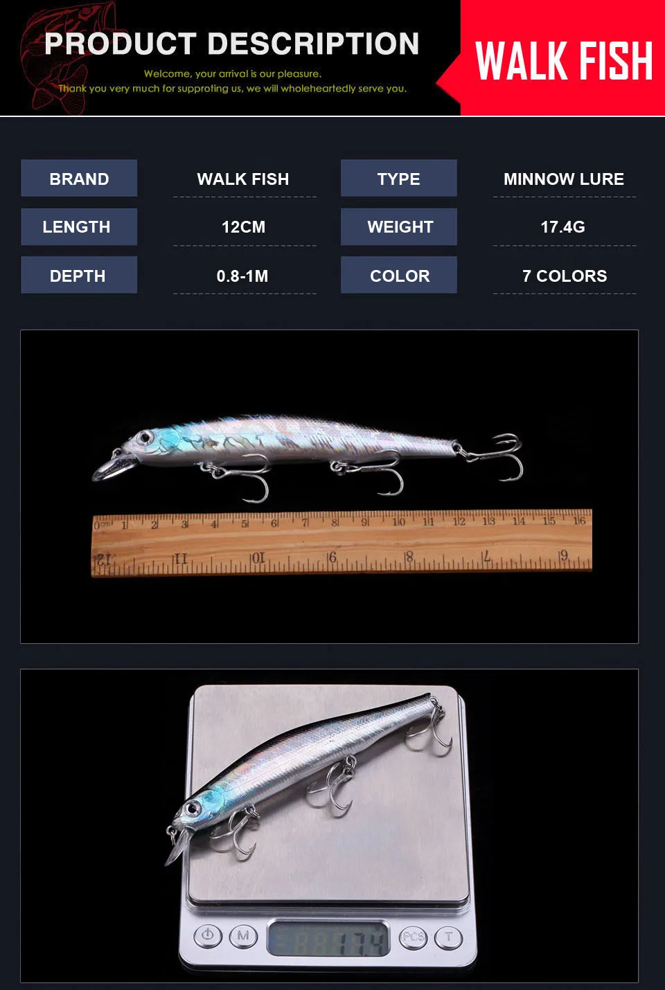 WALK FISH, 1 шт., 120 мм, 17,4 г, профессиональный воблер, подвесной гольян, глубина 0,8-1 м, приманка для ловли окуня, щука, искусственные приманки