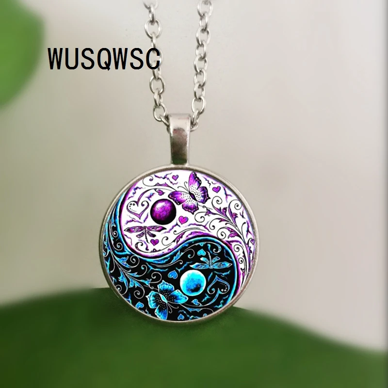 

WUSQWSC Necklace Ying Yang Butterfly Photo Tibet Silver Cabochon Glass Pendant Chain Necklace