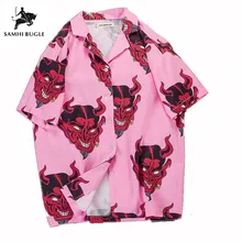Уличная одежда в стиле хип-хоп, мужские рубашки с принтом дьявола, летние свободные Гавайские корейские рубашки в стиле Харадзюку с коротким рукавом и цветочным принтом, camisa