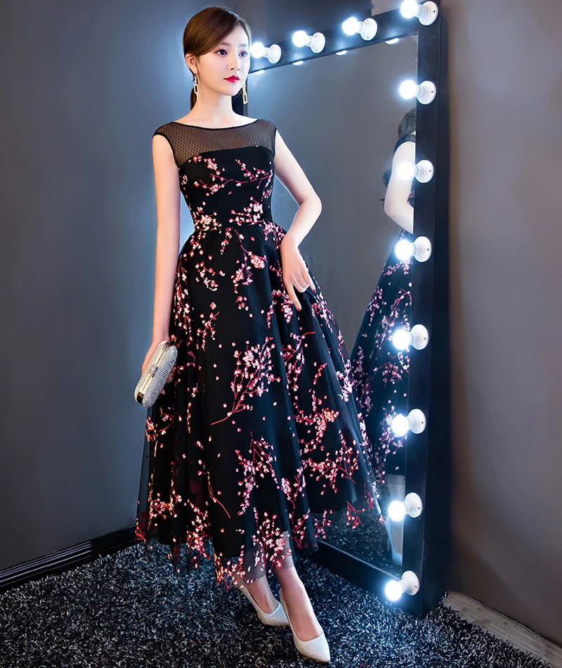 

bridesmaid dresses New Arrive Flower Printed Middle Length O Neck Backless Tulle Slim Backless wedding party dress Robe Soiree
